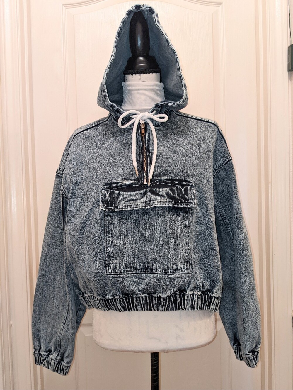 Denim Hoodie Pullover Jacket 1/4 Zip Drop Sleeve Front Pocket Elastic Waist Sz